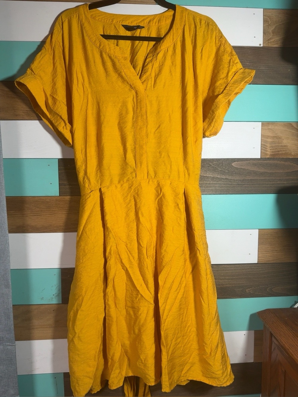 Simply Vera Vera Wang XL Mustard Yellow Midi Dress Tie Waist Pockets Boho
